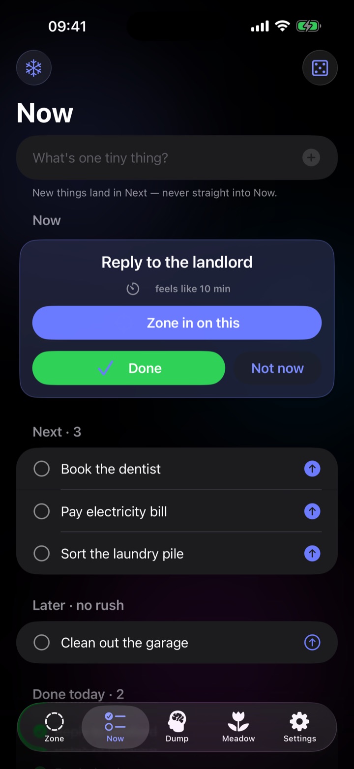 The Now planner showing one task in Now, three in Next and one in Later.